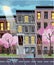 Flat cartoon vector illustration of spring rainy city street at evening. Uneven houses with lighting windows. Cityscape with rain