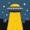 Flat cartoon vector illustration with ufo abduction on dark sky