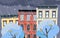 Flat cartoon vector illustration of winter snowy city street. Dark clouds over the roofs of houses, it is snowng. Street