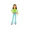 Flat cartoon woman hippie. Female with long brown hair dressed in blue flared jeans, green shirt, round glasses