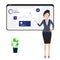 Flat character illustration businesswoman as a keynote speaker, presenting statistical reports at meetings. Suitable for all needs