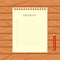 Flat checklist and red pencil on wooden background. Stationery on wooden table, top view. Vector illustration.