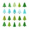 Flat christmas winter trees with festive xmas decoration vector collection