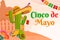 Flat Cinco De Mayo Mexican festival background cactus with sombrero