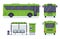 Flat city bus. Public transport stop, autobus ticket office and buses vector illustration set