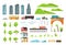 Flat city map vector elements with urban transport, road, trees and buildings