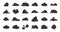 Flat clouds icon. Black nature shadow silhouettes. Vector illustrations various form cloud sky pictogram set on white