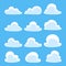 Flat clouds set in the blue sky. Cartoon clouds design in different shape.