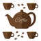 Flat coffeepot illustration with set of cups in brown color