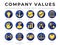 Flat Color Company Core Values icon Set. Innovation, Stability, Security, Reliability, Legal, Sensitivity, Trust, High Standard,