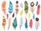 Flat color feathers. Bird feather, tribal indigenous indian decorative elements. Elegant multicolor accessory kit