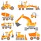 Flat color vector icon construction machinery set with bulldozer, crane, truck, excavator, forklift, cement mixer