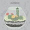 Flat colorful illustration of succulent plants and cactuses in aquarium.