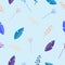Flat colorful leaves on light blue background. Seamless floral season pattern.