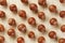 Flat composition with Australian macadamia nuts on bamboo light background. Patterns, repetitions