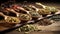 Flat composition with spoons of dried herbal tea leaves on wooden table. Space for text