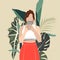 Flat concept illustration of young woman taking selfie in a mirror with her face hidden behind smartphone with tropical leaves.