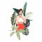 Flat concept illustration of young woman taking selfie in a mirror with her face hidden behind smartphone with tropical leaves beh