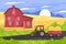 Flat countryside landscape with farm house, road, tractor, field and hay.