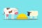 Flat Cow and sheep standing on field. Vector illustration