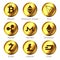 Flat cryptocurrencies icons of zcash, dash, tron, bitcoin, ether