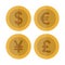 Flat currency coin. Casino currency. Dollar, Euro, Yuan, Pound Sterling, gambling coin, vector illustration isolated.