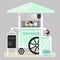 Flat cute ice cream cart. Diner in the Park, at the fair, street and festival. Vector illustration in pastel green and