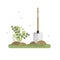 Flat cute vector illustration with green plant and metal shovel or spade.