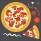 Flat delicious colorful full pizza with triangle slice and ingredients salami, mushrooms, tomato, pepper