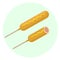 Flat delicious corn dog with sausage in dough and mustard icon