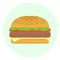 Flat delicious hamburger with patty-cake and vegetables icon