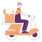 Flat delivery service worker driving scooter. Courier character receiving parcels isolated flat vector illustration on white