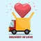 Flat delivery truck with heart flying out of it greeting card, poster, banner, logo, icon.