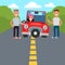 Flat Design Car Driving Characters. Car sharing. flat tire change. Vector