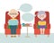 Flat design cartoon illustration of sitting grandfather and grandmother or old man and woman with thought or speech bubble, vector