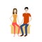Flat design cartoon vector of two young lovers sitting on a bench.
