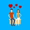 Flat design cartoon vector of two young lovers sitting on a bench with red heart signs on top.