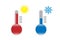 Flat design of celsius and fahrenheit meteorology thermometers. Measuring hot and cold temperature. Snowflake, sun icons.