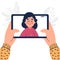 Flat design close up of woman having video call on tablet pc