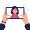 Flat design close up of woman talk chat on video call on tablet