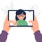 Flat design close up of woman talk chat on video call on tablet