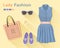 Flat design concept of fashion look: stylish dress, bag, shoes, sunglasses, earrings. Woman clothing set. Trendy clothes objects