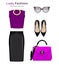 Flat design concept of fashion look. Woman clothing set with accessories. Colorful trendy clothes objects