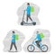 Flat design concept, Set of delivery man wearing face masks in various characters. Courier on the bike, electric scooter and walke