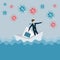 Flat design of crisis management,Young man on the paper boat riding on the sea between crown of virus - vector