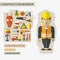 Flat design. Freelance infographic. Construction worker with tools and materials for the repair and construction.
