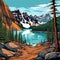 Flat design graphic artwork of Moraine Lake rockpile trail viewpoint. Banff Canada