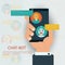 Flat design with a human hand holding a smartphone chatbot with speech bubbles artificial intelligence communication Vector