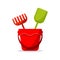 Flat design icon of toys for sandbox: red baby bucket, rake, scapula