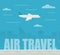 Flat design illustration airplane flying on the skyscrapers background. Air travel